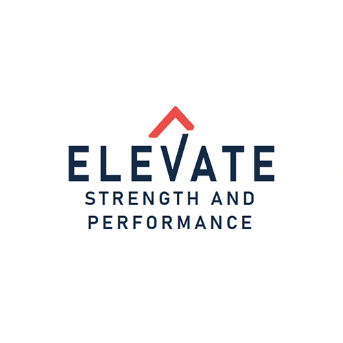 Elevate Strength and Performance logo featuring a red peak above navy-blue text.
